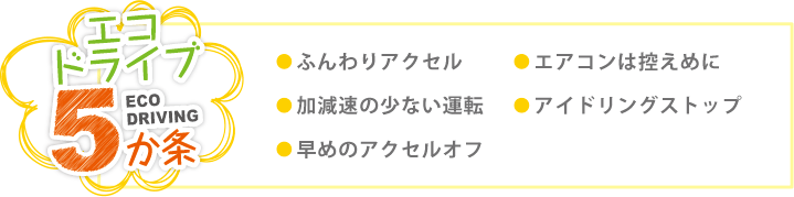 エコドライブ5か条:ふんわりアクセル、エアコンは控えめに、加減速の少ない運転、アイドリングストップ、早めのアクセルオフ